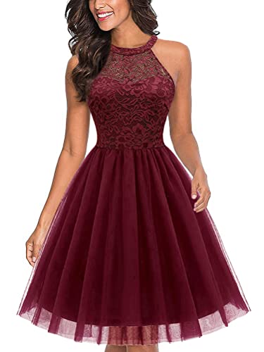 Tomwell Damen Spitzenkleid Sexy Ärmellos Abendkleid Kleid Hohe Taille Schlank Midi Kleid Swing Cocktailkleid Einfarbig Sommer Festlich Partykleid A...