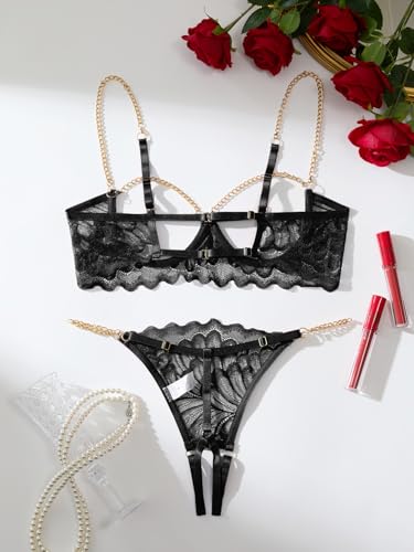 Image of Lilosy Sexy Underwire Floral Lace Sheer Lingerie Set for Women See Through Bra and Panty 2 Piece