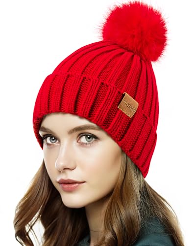 PIOZAED Womens Winter Beanie Hut Fleece gefüttert warme Schädelmütze mit Kunstpelz Pom Manschette gestrickte Mütze für Frauen