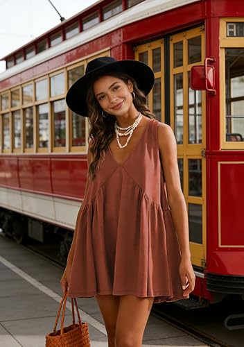 Image of Sleeveless Mini Dress for Women 2026 Summer Casual V Neck Sundress Loose Babydoll Dress with Pockets