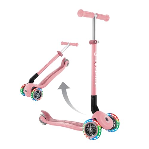 GLOBBER Primo Foldable Lights – Tretroller Kinder, 120/80 mm, ABEC 5, 3-rädrig, höhenverstellbar, LED-Rollen, neon pink