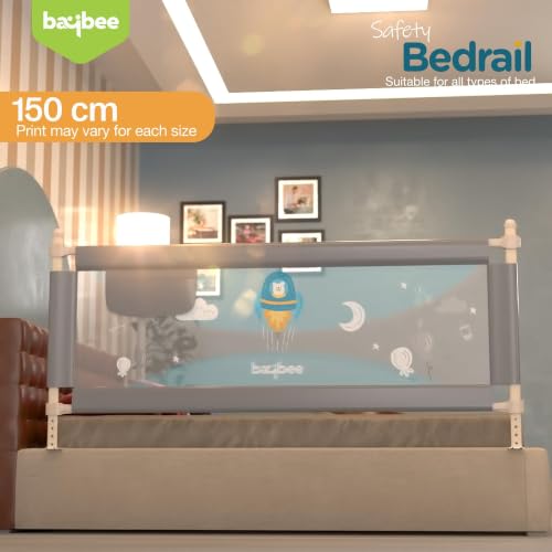 Image of BAYBEE Baby Bed Rails Guard Kids Safety (150x63 cm) | Portable Bed Rail Falling Protector Fence with 7 Adjustable Heights | Foldable BedRail for Newborn Boys Girls (Pack-2, Grey)