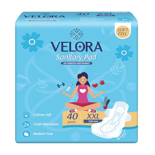 Image of Velora Dry Feel XXL Sanitary Pads for Women 40 Pads, Rash Free, Skin Friendly, High Flow, Advanced Leak Protection, Trifold Sanitary Napkins (40 Pads-320MM)