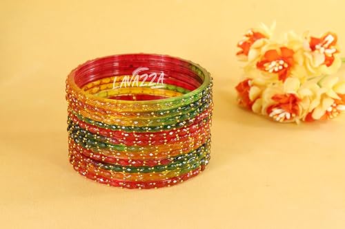 Image of LAVAZZA Raindrop Glass Bangles Set For Women & Girls with Zircon Diamond Stone & Beads | Trendy Transparent Crystal Glass Bangles | Fancy Kanch ki Chudi Set | Bangles for Wedding, Party- Set of 12
