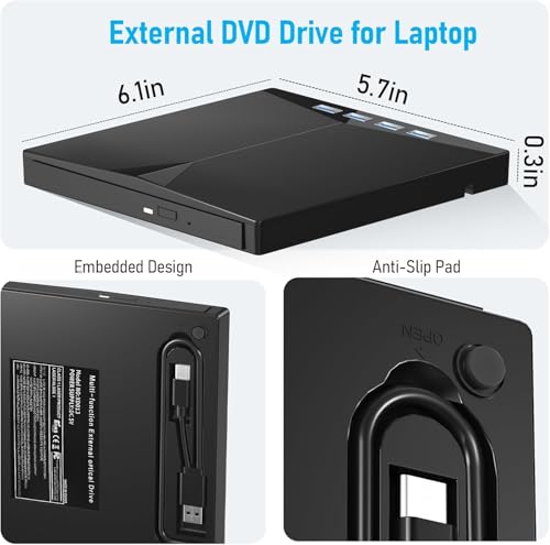 Image of External CD DVD Drive Player, USB 3.0 USB-C Portable CD DVD + /-RW Disk Drive Burner CD-ROM Reader Writer for Laptop Desktop PC (DVD Writer - XD010)