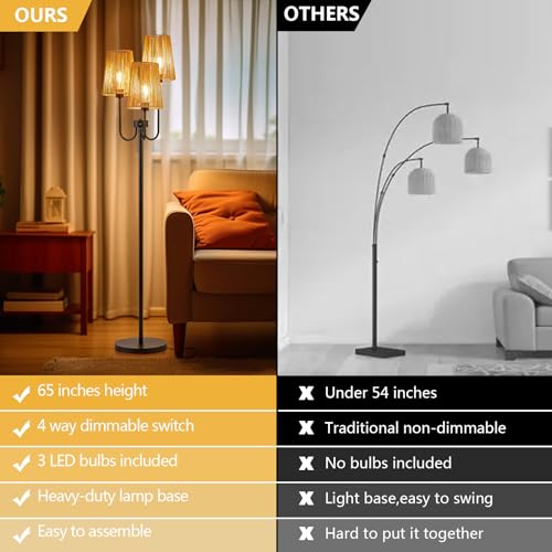 RORIANO Boho Floor Lamp for Living Room, 3-Light Rotary Switch Farmhouse Standing Bedroom Lamp with Rattan Shade, Tall Floor Lamps for Rustic, Coastal, Beach or Bohemian Decor, 3 LED Bulbs Included - Image 2