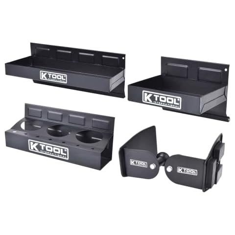 K Tool International 72462A Magnetic Toolbox Shelf, Tray, and Holder Set for Garages, Repair Shops, and DIY, Rubber Coated Magnets, (2) Trays, (1) Paper Towel and Spray Can Holders, Black, 4-Piece Cover