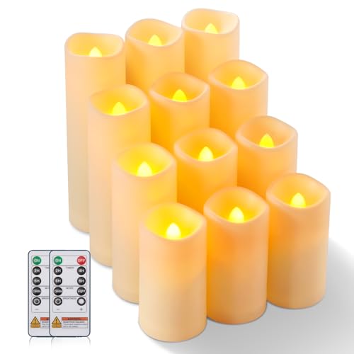 Image of Raycare 12pcs Large Waterproof Outdoor Flameless Candle, Battery Operated LED Candles with Remote Control and Timer, Flickering Electric Fake Plastic Pillar Candles, Ivory, D 2.2 inch x H 4 inch 5 inch 6 inch 7 inch