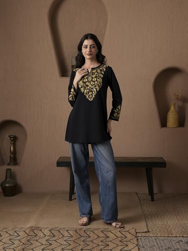 Image of QAZMI Women's Aari Embroidered Viscose Rayon A-Line Flared Short Kurti