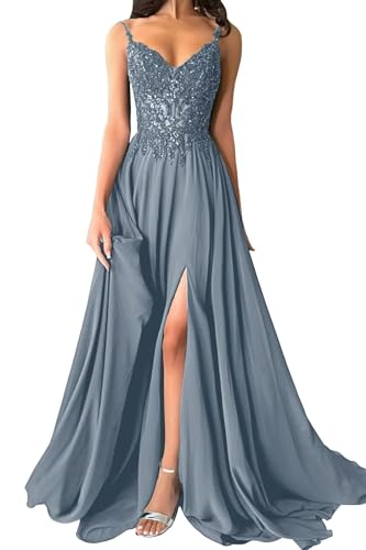 Damen Chiffon Ballkleider Spaghettiträger Spitzenapplikationen Abendkleider Elegant für Hochzeit A-Linie Ballkleid mit Schlitz