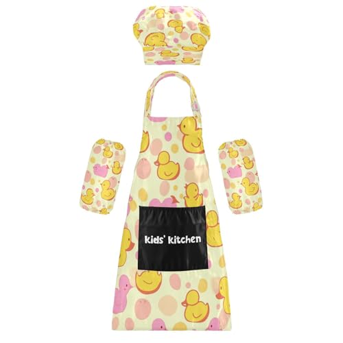 Bulletgxll Babies Ducks Kids Apron and Chef Hat Set Adjustable Bib Aprons with Pockets for Cooking Baking Painting