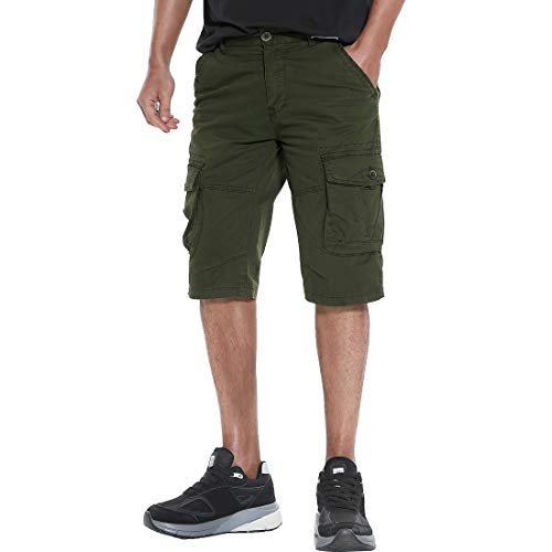 FoxQ Men's Cargo Shorts Micro Elasticity Cotton Loose Casual Multiple Pockets (Olive Green, 36)