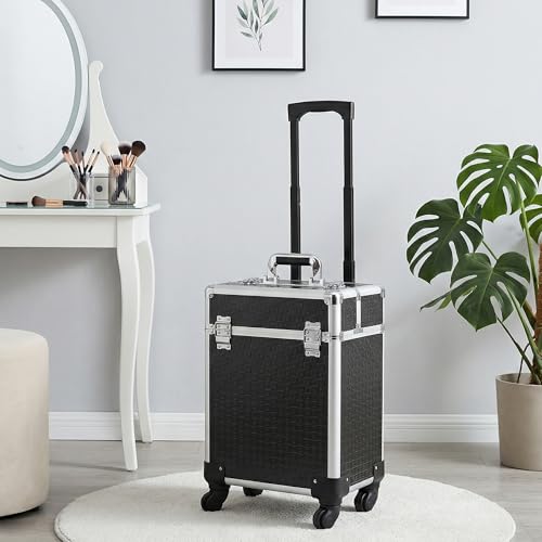 HOMCOM Maleta de Maquillaje Profesional con Ruedas, Maletín de Maquillaje con Mango, 2 Bandejas, Compartimento Inferior, Cerradura y 2 Llaves, para Salón, Peluquería, Negro - imagen 9