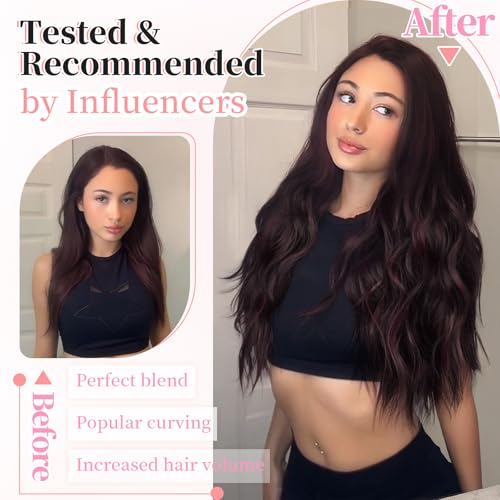 Image of KooKaStyle Wavy Thick Clip in Hair Extensions 20 inch Burgundy mix Dark Brown | 4 Pieces Clip in Extensions,Fiber Double Weft Hairpieces,Natural Volume,Beach Wave Long Synthetic Hairpieces for Women