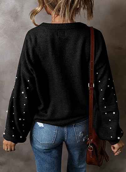 Pearl Sweater for Women Lantern Sleeve Drop Shoulder Crewneck Sweatshirt Knit Chunky Pullover Sweaters with Pearls - Image 2