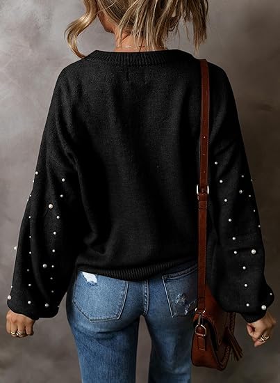 Image of Pearl Sweater for Women Lantern Sleeve Drop Shoulder Crewneck Sweatshirt Knit Chunky Pullover Sweaters with Pearls