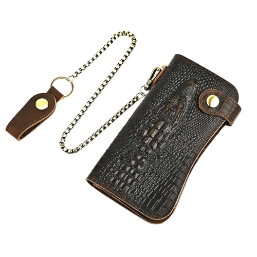 Genuine Crazy Horse Leather Travel Gift Coin Pocket Card Case Long Organizer Chain Rfid Wallet Purse With Snap For Men Male 1088 (1088 Dark Brown-Crocodile)