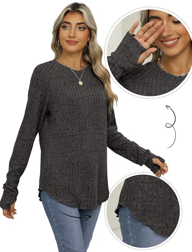 Image of Saloogoe Women's Long Sleeve Top Crewneck Basic Lightweight Fall Shirt with Thumb Hole