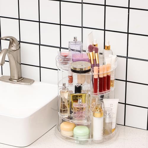 Cq-acrylic-360-Rotating-Makeup-Organizer-for-Vanity-Clear-Carousel-Skincare-Organizer-and-4-Tier-Adjustable-Lazy-Susan-Round-Bathroom-Beauty-Standing-Organizer-Tower-Skin-Care-Holder-Dressing-Top