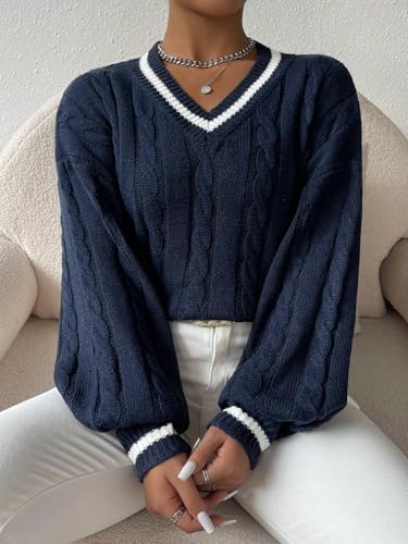 Image of ZAFUL Women's Cropped Sweater V-Neck Long Sleeve Pullover Jumper Knit Top | Crop Length, Ribbed Knit, Double V design, White sweater, Raglan sleeves, lantern sleeve, Fall & Winter, Loose fit, Oversized