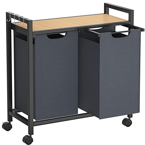 Homykic Laundry Hamper With Wheels, 100L Pull-Out Laundry Basket With Shelf, 2-Section Laundry Sorter Cart With Removable Laundry Bags 4 Hooks For Clothes, Bamboo Top And Metal Frame, Natural+Black #TOP7