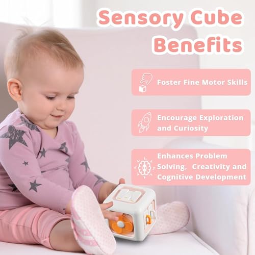 Image of Brand Conquer Montessori Busy Cube for Toddlers 1-3,Car Travel Toys Busy Board Activity Cube,Learning Stocking Stuffers Educational Birthday Gifts Sensory Baby 12-18 Months (Fan Learning 6 in 1 Pink)