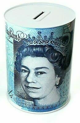 Money Box For Saving Cash & Coins Multi-Colour Design With Pound Notes Printed Tinplate Bank (£5,10,20,50) XL, £5 (Five Pound)
