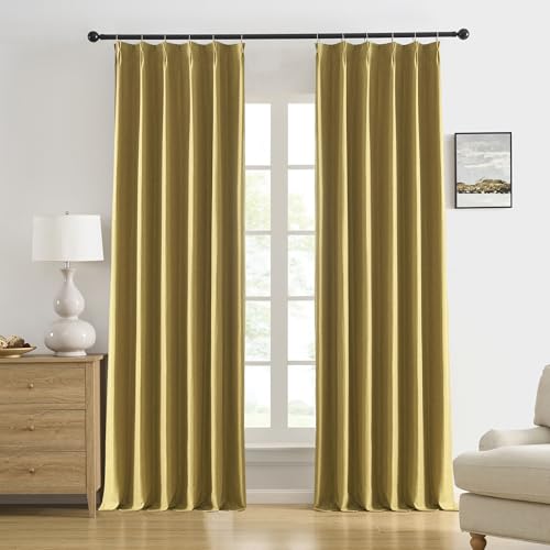 DUALIFE Mustard Yellow Pinch Pleated Blackout Curtains 84 Inches Long, Back Tab with Hooks, Linen Full Black Out Thermal Insulated Track Curtain for Bedroom Living Room,40 W x 84 L, 2 Panels
