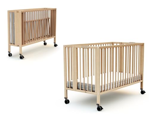 AT4 - Klappabares Babybett PRO 60x120 cm FLOW Lackierte Buche | Faltbares babybett| Schlafkomfort | Lattenrost | Einfache Aufbewahrung | Matratzenstandort | Faltbar Gitter| Tagesmutter