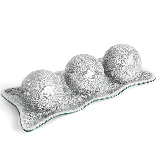 JOHOUSE 3PCS Decorative Balls with Tray, 3 Inch Sliver Orbs Glass Balls for Centerpiece Bowls Mosaic Sphere for Home Decoration Dining Table