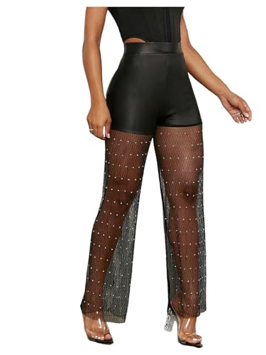 OYOANGLE Women's Glitter Sheer See Through Sparkly Pants Festival Dance Clubwear Mesh Wide Leg Party Trousers Black X-Large
