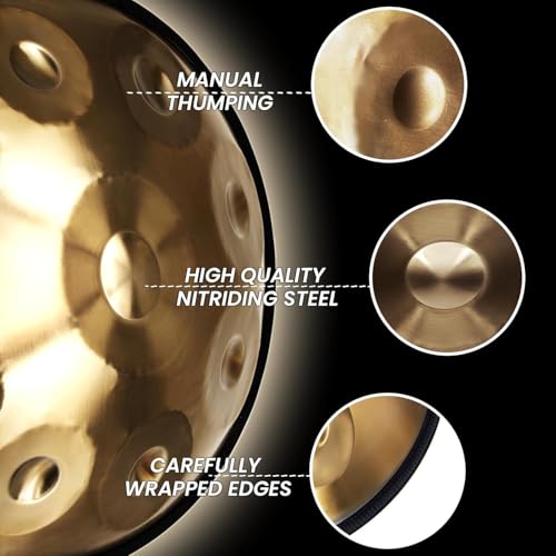 Image of PERLMAN 12-Note Handpan Drum, 22-Inch D Kurd (440 Hz), Adult Handpan with Padded Bag, 2 Mallets, Foldable Stand, Dust-Free Cloth (Gold Finish)