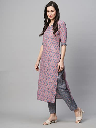 Image of GoSriKi Women's Cotton Blend Printed Straight Kurta With Pant