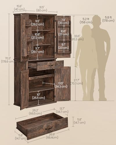 Image of VASAGLE Pantry Cabinet, Tall Storage Cabinet with Drawer, 70.3-Inch | Farmhouse kitchen cabinet with barn doors, tray, adjustable shelves, Hazelnut Brown, UBBK364K01