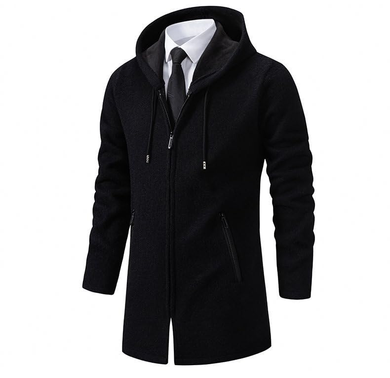 Image of Men's Long Hooded Cardigan Full Zip Winter Coat Thick Fleece Lined with Zipper Pockets
