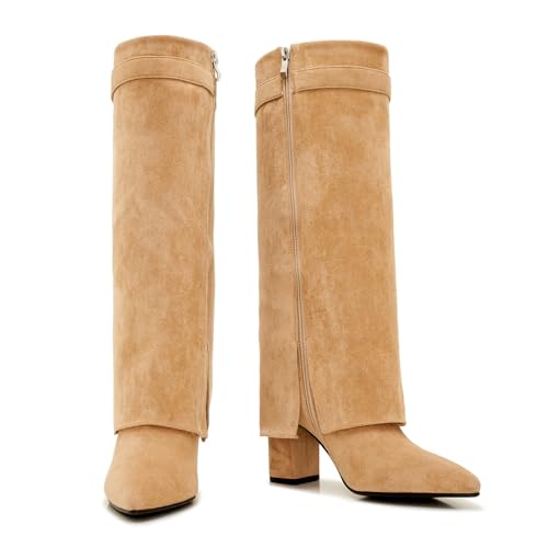 Women’s Shark Boots – Suede Fold Over Knee High Boots, Pointed Toe Block Heel Fashion Boots3