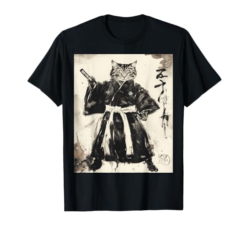Vintage Samurai Cat ukiyo-e Design Japanese Graphic Cat Art Maglietta