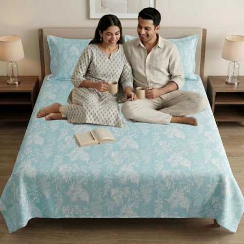 Image of Mafatlal 186 TC Metro Cotton Double Bed Bedsheet | 90x100 Inch|Soft, Breathable & Lightweight | Includes 2 Pillow Covers| Teal Shadow 1