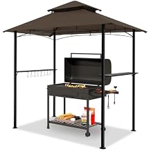 GARTOO 8x5 Outdoor Grill Gazebo - Double Roof BBQ Gazebo Canopy with 2 Side Shelves and LED Lights, Patio BBQ Pergola Shelter for Garden, Porch and Backyard Brown