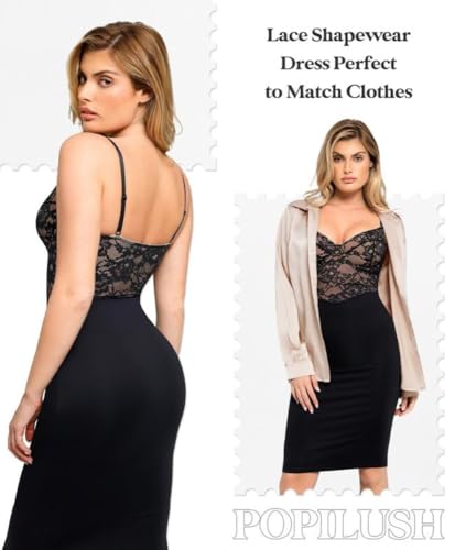 Image of Popilush Lace Midi Dress Shapewear Dresses for Women V-Neck Slip Adjustable Straps Bodycon Slip with Underwire