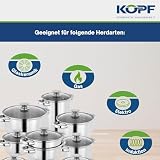 KOPF Janina 19-częściowy zestaw garnków ze stali nierdzewnej, do gotowania indukcyjnego, 7 garnków, 1 x garnek do szparagów, 1 x rondel, 2 x sitko i 8 x szklana pokrywka