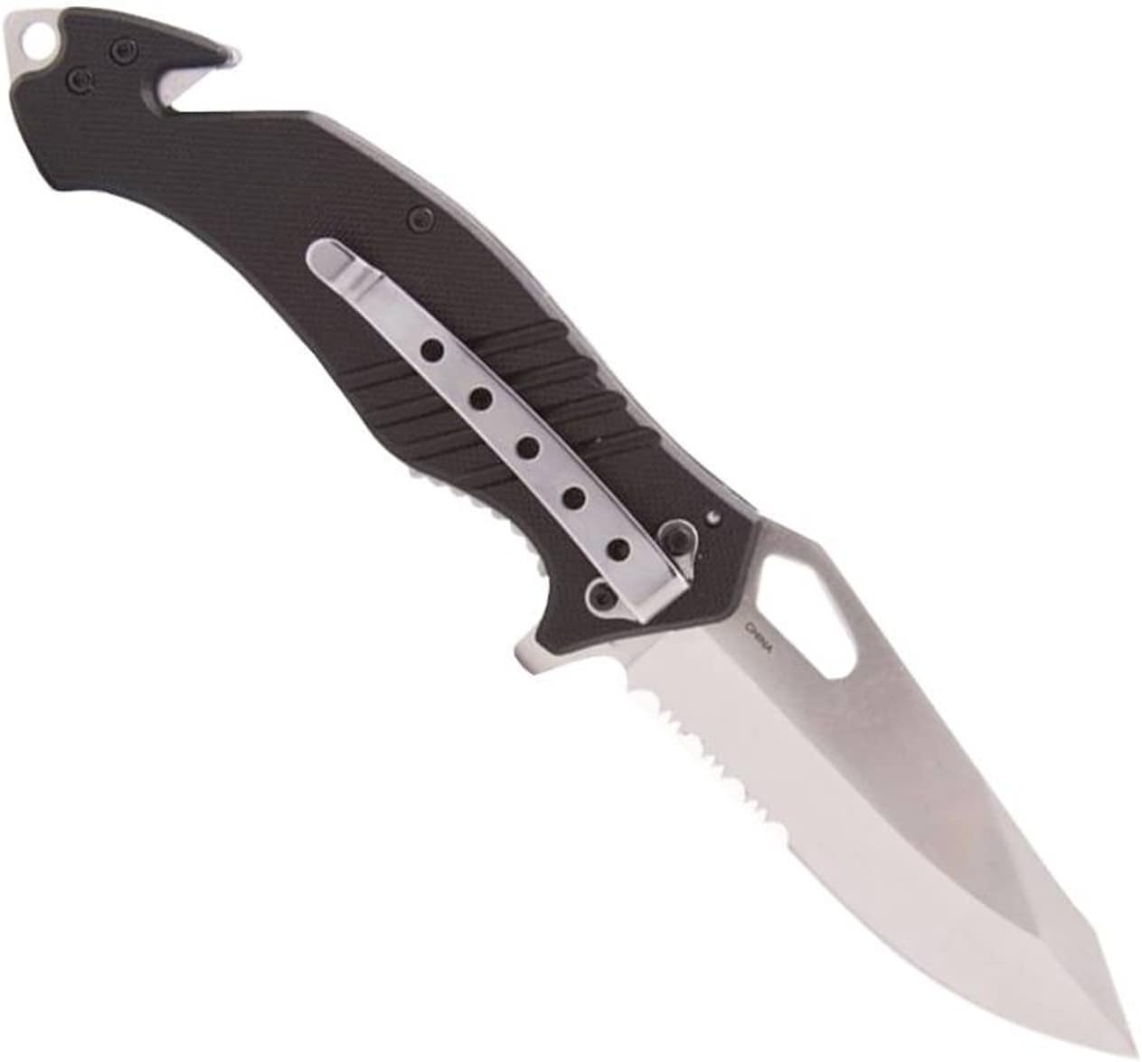LA Police Gear LAPG EDC Folding Knife, Tactical Flipper Pocket Knife, Survival Knife With Seatbelt Cutter & Glass Breaker, Black Serrated/Tan Handle