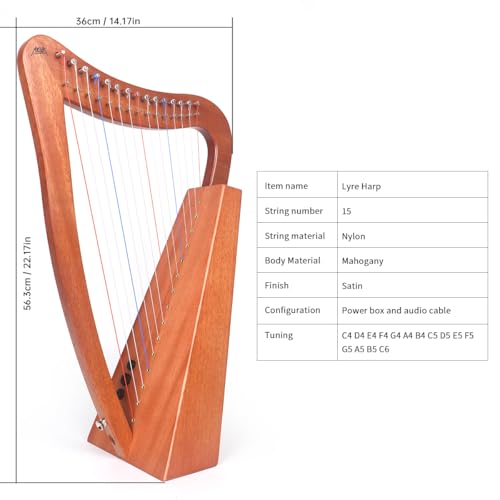 Harp, AKLOT 15 Strings Mahogany Lyer Harp 22 inch Height with Electric box,Spare Strings, Tuning Wrench, Black Bag and Strap, Lyre Kit Gift for Adult Professional Beginner - Image 3