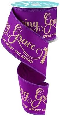 RG Ribbon Amazing Grace Print with Wired Edges for Crafting and Decorating - Amazing Grace How Sweet The Sound (Purple, Gold, 2.5" Inch x 10 Yards) image 2