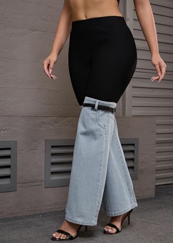 Nihsatin Women's Two Tone Denim Patchwork Flared Pants High Waisted Color Block Bell Bottom Jeans Pants3