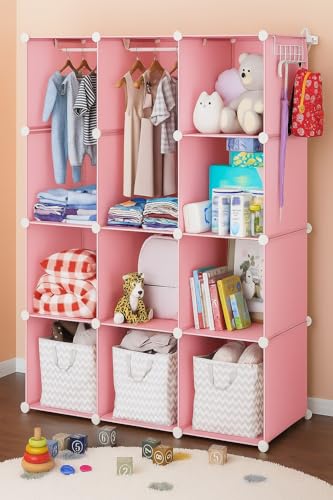 Image of Mevigo Foldable Plastic Wardrobe for Clothes - 12- Door Baby Cupboard for Clothes Storage, Wardrobe for Kids, Plastic Almirah, Collapsible Wardrobe for Kids Livingroom & Home (Pink- R4, 12- Door)