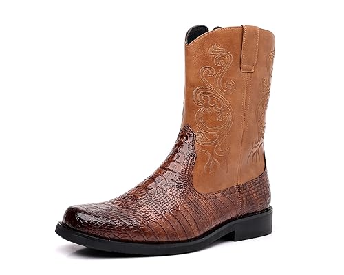 Santimon Men's Crocodile Western Cowboy Boots, Side Zipper, Mid Calf Wide Square Toe Boots2