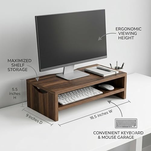 Image of Home Sparkle Monitor Stand Riser, 2 Tiers Laptop Computer Monitor Riser for PC Screen, iMac, Desktop Wooden Screen Monitor Stand Riser with Storage Organizer for Home Office
