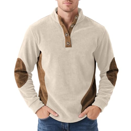 DEEX Men's Corduroy Sweatshirt Casual Long Sleeve Stand Collar Button Color Block Thermal Pullover Polo Sweatshirts for Men