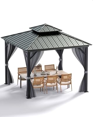 GarveeLife 10 ft x10 ft Hardtop Gazebo, Black Frame with Gray Curtains, Double Metal Roof, Aluminum Alloy Frame, Net, Heavy Duty, for Patio, Deck, Backyard, Garden